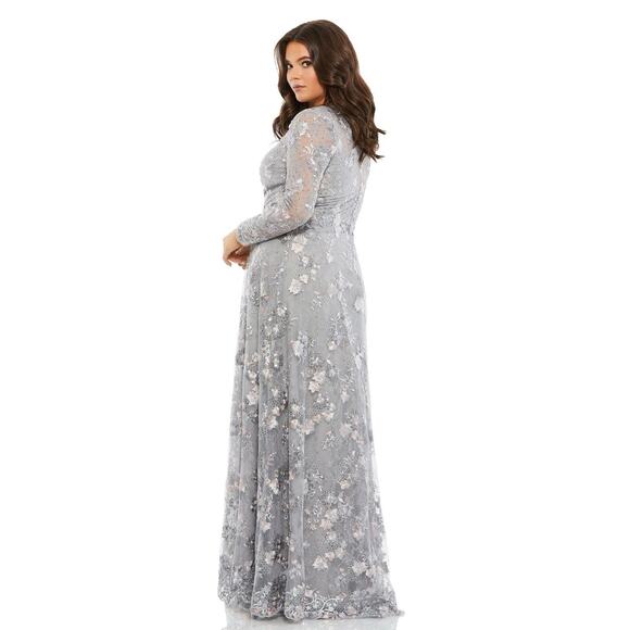 Mac Duggal Platinum Gray Sequin Floral Embroidered Long Sleeve Gown Sz 18 Formal - Picture 3 of 15